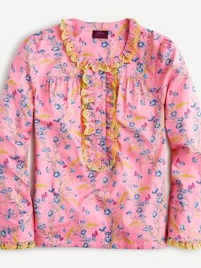 J. Crew Pink Floral Ruffle Blouse with Yellow Trim